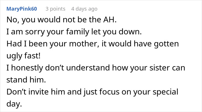 A comment supporting a woman not inviting her toxic BIL to her wedding. She draws the line with her family. A comment supporting a woman not inviting her toxic BIL to her wedding. She draws the line with her family.