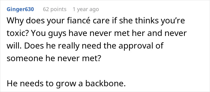 A comment questioning a fiancé's concern about a wedding dispute, emphasizing the need for a backbone regarding family. A comment questioning a fiancé's concern about a wedding dispute, emphasizing the need for a backbone regarding family.
