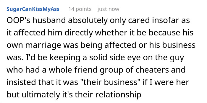 A comment about the husband's self-interest in the group vacation affair exposure. A comment about the husband's self-interest in the group vacation affair exposure.