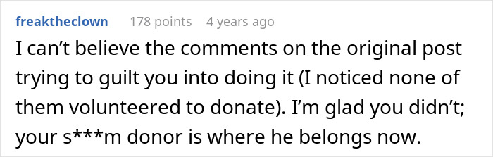 A comment supporting an adopted teen against demands from birth parents, mentioning guilt and donation. A comment supporting an adopted teen against demands from birth parents, mentioning guilt and donation.