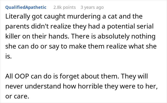 A comment from QualifiedApathetic about the toxic sister's past actions and the family's lack of understanding regarding the infertile sister. A comment from QualifiedApathetic about the toxic sister's past actions and the family's lack of understanding regarding the infertile sister.