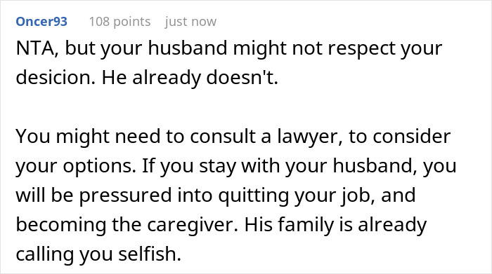 A screenshot of a comment suggesting a wife consult a lawyer about her husband's demands regarding his orphaned nephew and caregiver role. A screenshot of a comment suggesting a wife consult a lawyer about her husband's demands regarding his orphaned nephew and caregiver role.