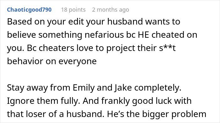 A screenshot of a comment from a user named Chaoticgood790 about a husband and miscommunication, suggesting the husband cheated.