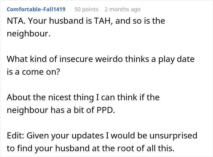 A Reddit comment discussing a husband and neighbor being a jerk, and the miscommunication possibly rooted in the husband's actions.