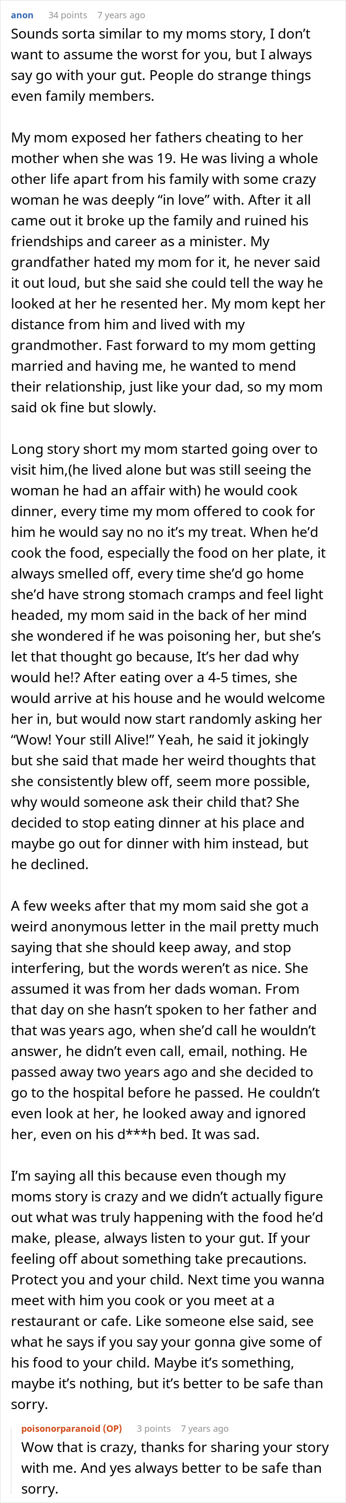 A detailed Reddit comment sharing a personal story about a family member's suspicious sickness, relating to the woman's dessert concerns.