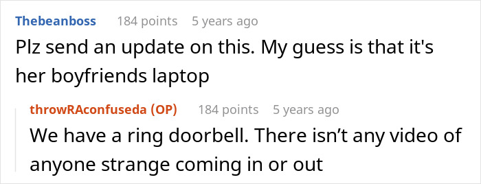 A Reddit screenshot showing users theorizing about a man's fiancée's fancy laptop in her closet, suggesting a boyfriend's laptop. A Reddit screenshot showing users theorizing about a man's fiancée's fancy laptop in her closet, suggesting a boyfriend's laptop.