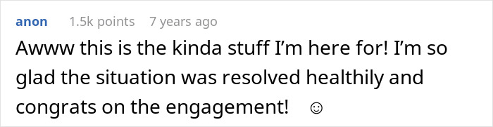 A comment congratulating the BF and GF on their engagement and resolving issues with female friends.
