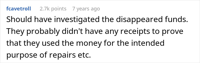 A Reddit comment suggesting investigation into HOA disappeared funds and lack of receipts. A Reddit comment suggesting investigation into HOA disappeared funds and lack of receipts.