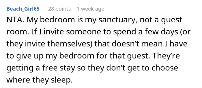 A comment on abysmal decision making, emphasizing the bedroom as a sanctuary, not a guest room.