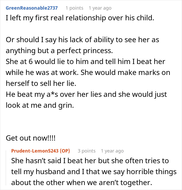 A Reddit comment from a user detailing their experience leaving a relationship due to drama with her husband's kid and the husband's inability to see his child's flaws. A Reddit comment from a user detailing their experience leaving a relationship due to drama with her husband's kid and the husband's inability to see his child's flaws.