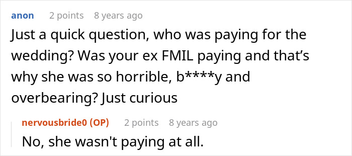 A screenshot of a Reddit comment asking about wedding payments for a bride furious with her future MIL and realizing the problem was her fiancee. A screenshot of a Reddit comment asking about wedding payments for a bride furious with her future MIL and realizing the problem was her fiancee.