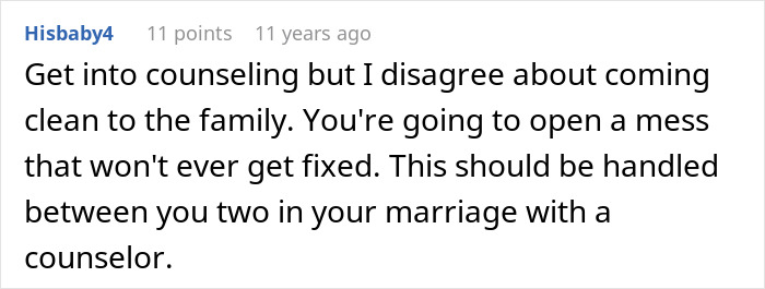 A comment suggesting counseling for the marriage but advising against revealing the situation to family, regarding the wife's jealousy.