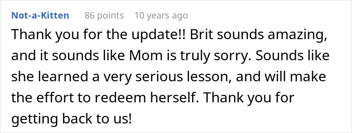 A comment thanking for the update, noting the mother learned from the high maintenance GF's stressful reality. A comment thanking for the update, noting the mother learned from the high maintenance GF's stressful reality.