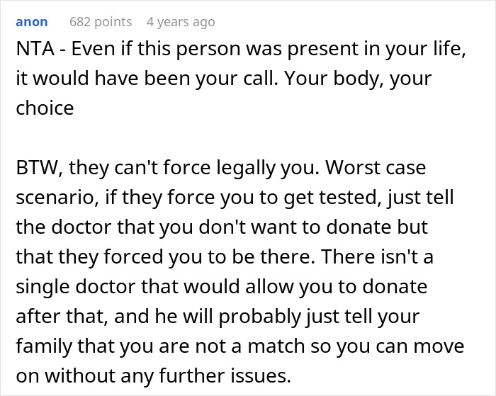 A Reddit comment advising an adopted teen on how to handle birth parents demand for donation, focusing on body choice. A Reddit comment advising an adopted teen on how to handle birth parents demand for donation, focusing on body choice.