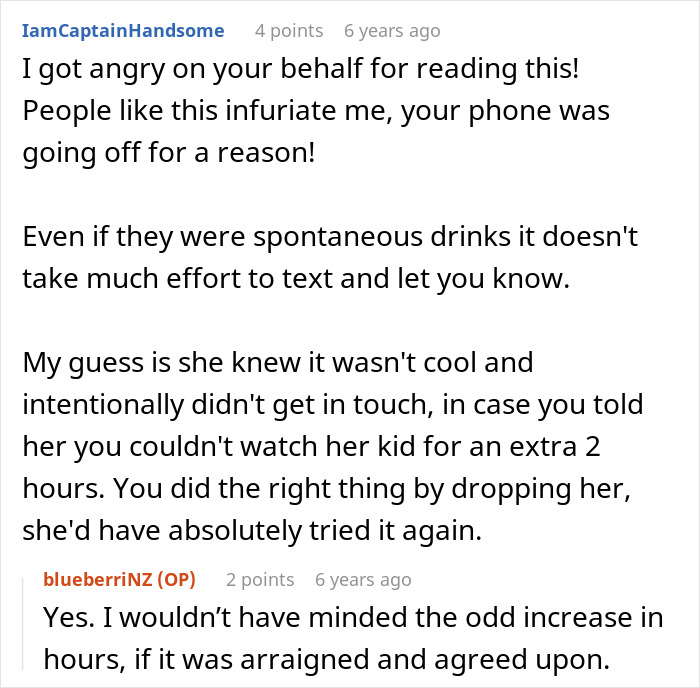 More comments about the entitled parent who was late and didn't warn her nanny, highlighting the nanny's reaction.