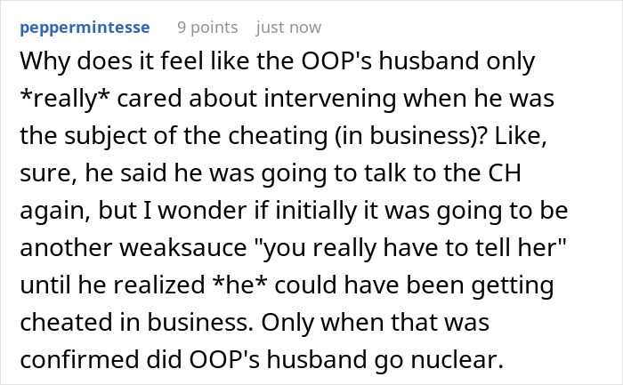 A screenshot of a Reddit comment questioning the husband's motives when his affair gets exposed. A screenshot of a Reddit comment questioning the husband's motives when his affair gets exposed.