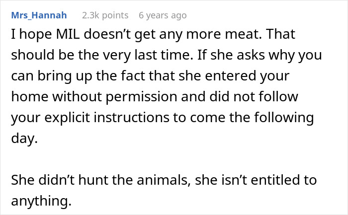 A comment about a hunter's mom wanting her share of meat, implying she shouldn't get any more meat. A comment about a hunter's mom wanting her share of meat, implying she shouldn't get any more meat.