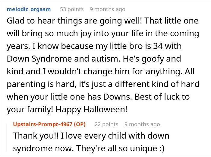 A comment on a post about having a baby with Down syndrome, sharing experience with a brother who has Down syndrome.