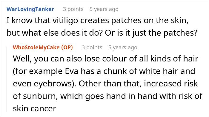 A Reddit comment discussing what vitiligo creates patches on skin, and how the mom develops it.