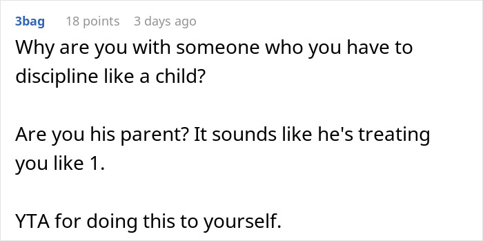 A social media comment asking why a woman has to discipline her fiancé like a child regarding his cleaning habits, noting his anger. A social media comment asking why a woman has to discipline her fiancé like a child regarding his cleaning habits, noting his anger.