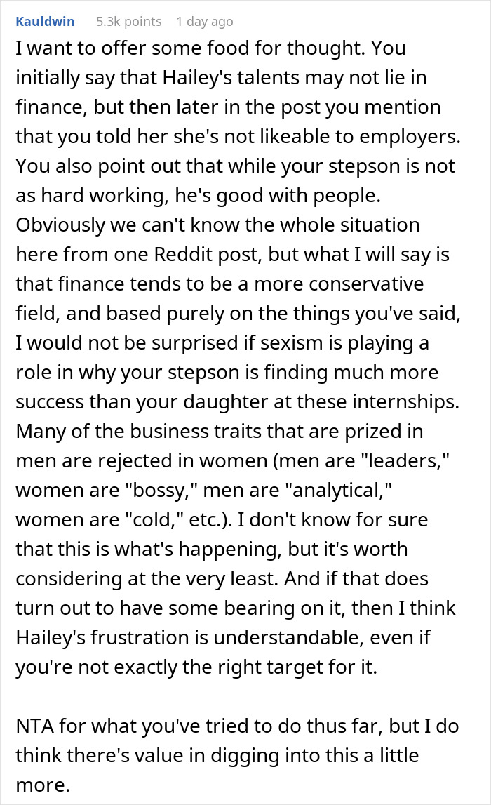 A comment discussing a dad getting his kids internships, suggesting sexism might impact the daughter's success. A comment discussing a dad getting his kids internships, suggesting sexism might impact the daughter's success.