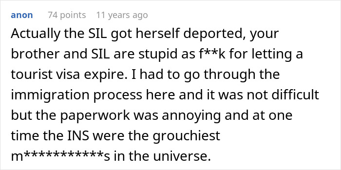 A Reddit comment discussing the deportation outcome and the wife's role in the event.