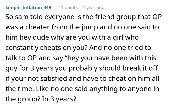 A screenshot of a Reddit comment discussing a man playing friends against each other and an ex-girlfriend sending receipts. A screenshot of a Reddit comment discussing a man playing friends against each other and an ex-girlfriend sending receipts.