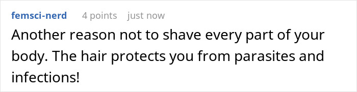 A social media comment discussing that hair protects women from parasites and infections, relating to flesh-eating bacteria. A social media comment discussing that hair protects women from parasites and infections, relating to flesh-eating bacteria.