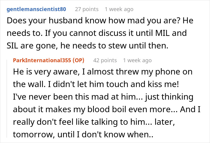 Reddit comment: a user suggests the husband should know the wife's anger over the marital bed decision.
