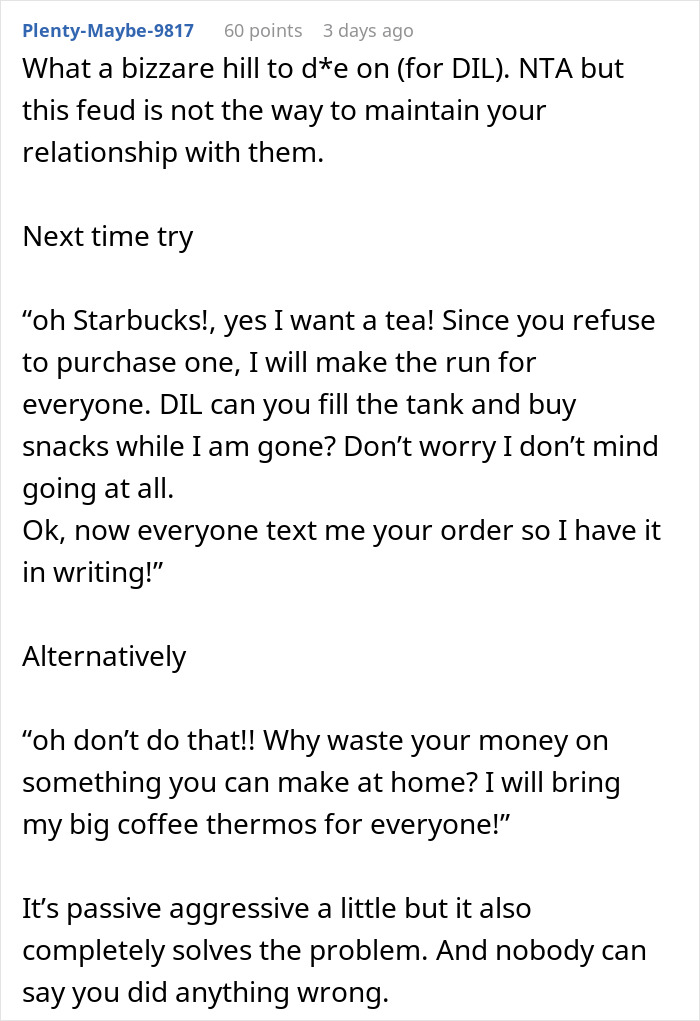 A screenshot of a Reddit comment suggesting ways to handle DIL's coffee order pettiness.