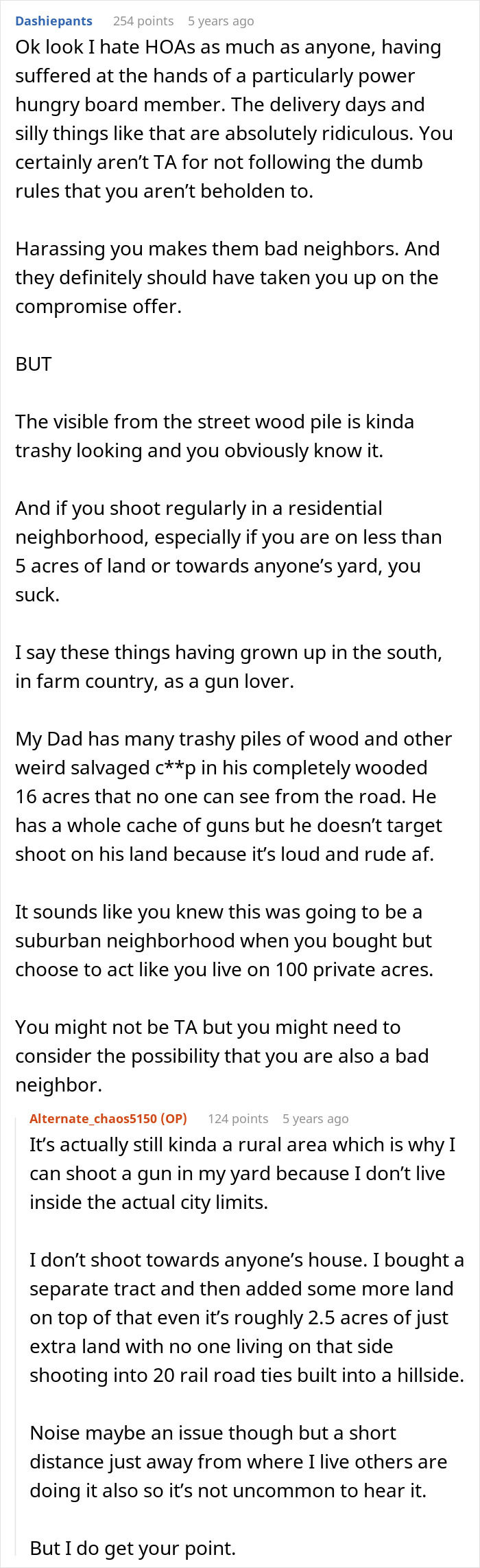 Online comment discussing HOA rules and neighbor complaints about a man's home and land, and local ordinances. Online comment discussing HOA rules and neighbor complaints about a man's home and land, and local ordinances.