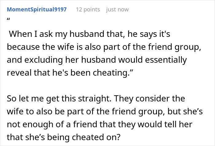 A comment questioning the friend group's loyalty during the group vacation affair exposure. A comment questioning the friend group's loyalty during the group vacation affair exposure.