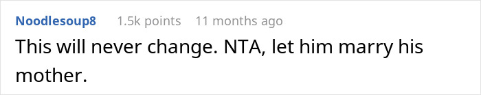 A Reddit comment humorously suggesting a woman let her husband marry his mother due to his mom controlling their marriage. A Reddit comment humorously suggesting a woman let her husband marry his mother due to his mom controlling their marriage.