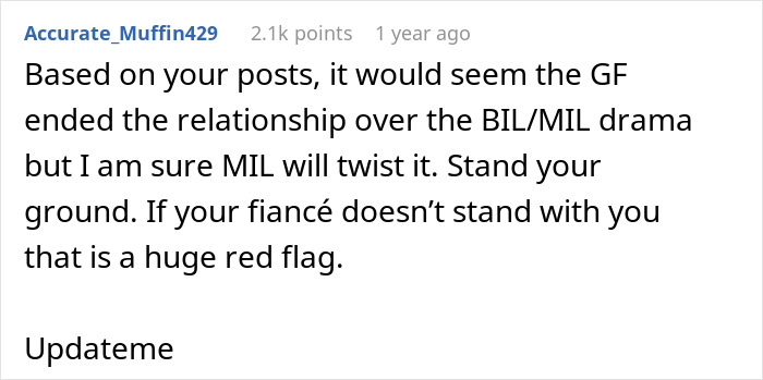 A Reddit comment suggesting the girlfriend ended the relationship due to in-laws drama, advising to stand firm in the wedding dispute. A Reddit comment suggesting the girlfriend ended the relationship due to in-laws drama, advising to stand firm in the wedding dispute.