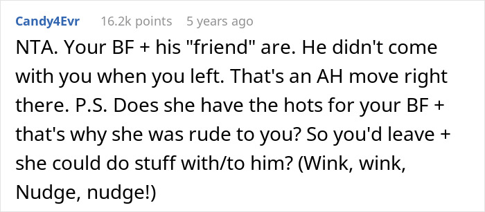 Online comment saying not the a**hole (NTA) for leaving a party because the boyfriend was welcome.