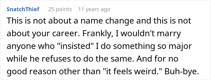 A hilariously awkward comment refusing to marry someone who insists on a name change, shared by people. A hilariously awkward comment refusing to marry someone who insists on a name change, shared by people.