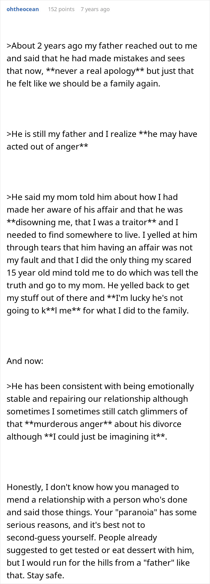 A screenshot of a Reddit comment detailing a woman's reconciliation with her dad, who she later suspects of tampering with her dessert.