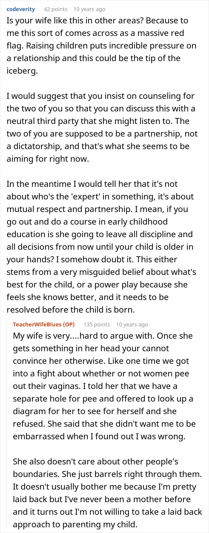 A Reddit screenshot showing a user suggesting counseling and discussing a wife's control over a kid's education.
