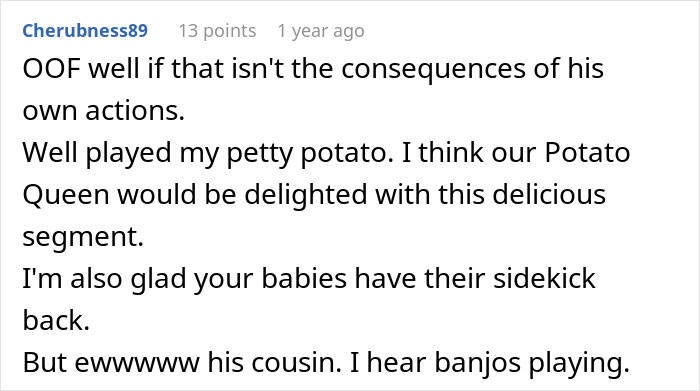 Screenshot of an online comment praising the woman's petty revenge against her ex-husband and celebrating her renewed life. Screenshot of an online comment praising the woman's petty revenge against her ex-husband and celebrating her renewed life.