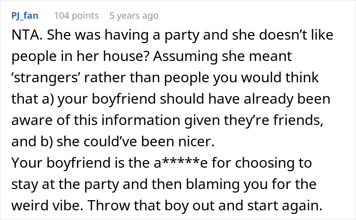 A screenshot of a Reddit comment by user PJ_fan, discussing a boyfriend not being welcome at a party.