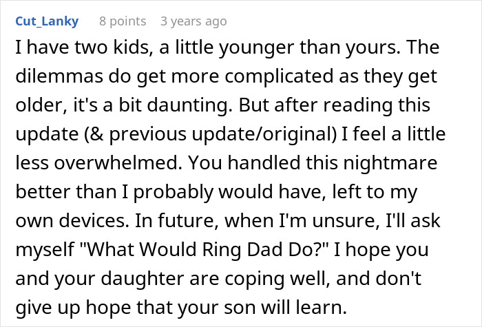 A Reddit comment praising the dad's handling of the situation with his son who stole a family heirloom. A Reddit comment praising the dad's handling of the situation with his son who stole a family heirloom.