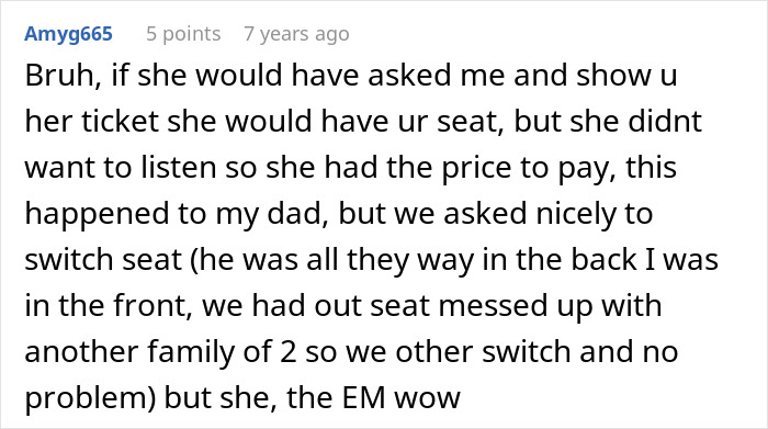 A comment about a woman finding her mom sitting in her plane seat and not switching after being ignored. A comment about a woman finding her mom sitting in her plane seat and not switching after being ignored.