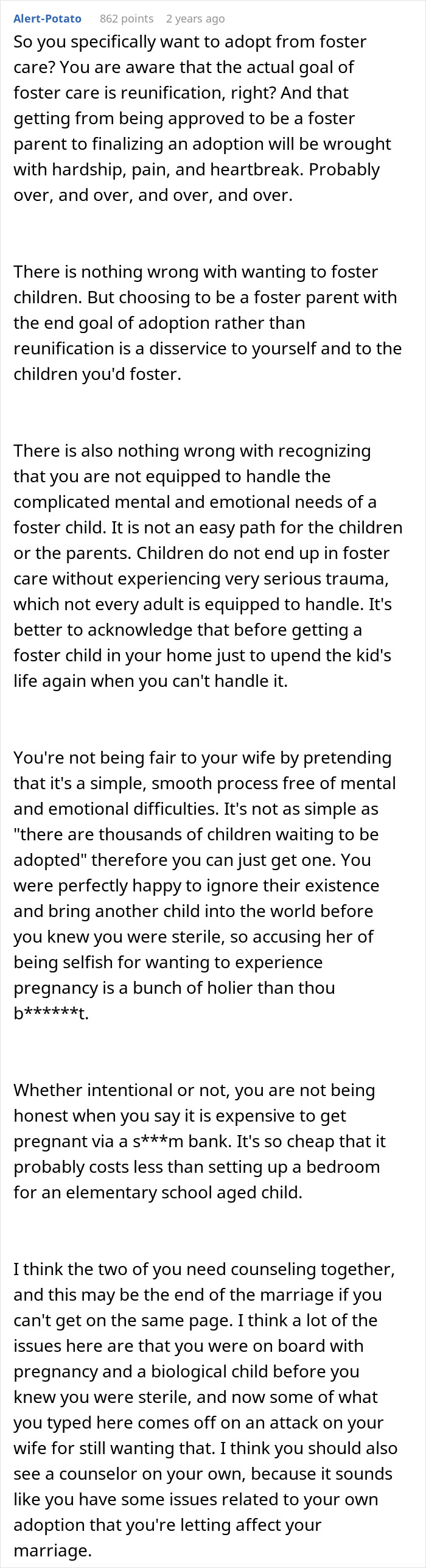 A lengthy Reddit comment about a man questioning marriage over trying to conceive and surprising beliefs.
