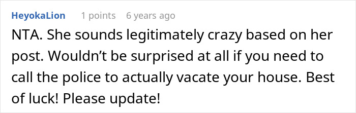 A screenshot of a Reddit comment advising to call the police to vacate a woman who moved into a guy's house and ignored boundaries.