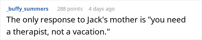 A comment about a cruel plan by a boyfriend's family, suggesting therapy for his mother. A comment about a cruel plan by a boyfriend's family, suggesting therapy for his mother.
