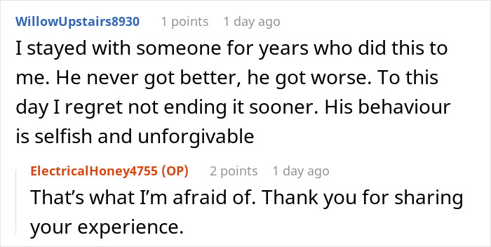 A user's comment regretting staying with someone whose behavior was selfish after a woman's medical emergency. A user's comment regretting staying with someone whose behavior was selfish after a woman's medical emergency.