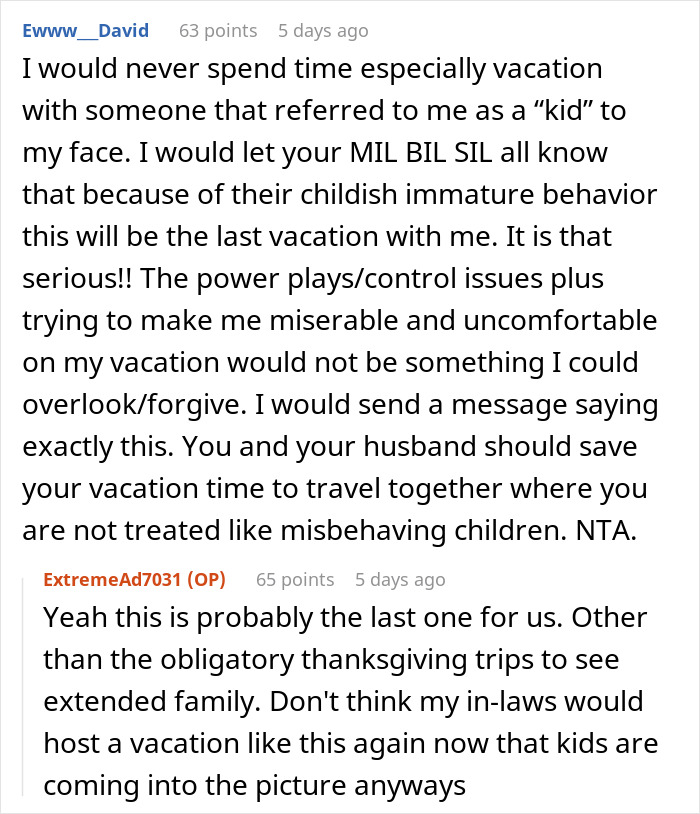 A Reddit comment about a woman's MIL and SIL's ballistic behavior during a family trip, suggesting an end to shared vacations. A Reddit comment about a woman's MIL and SIL's ballistic behavior during a family trip, suggesting an end to shared vacations.