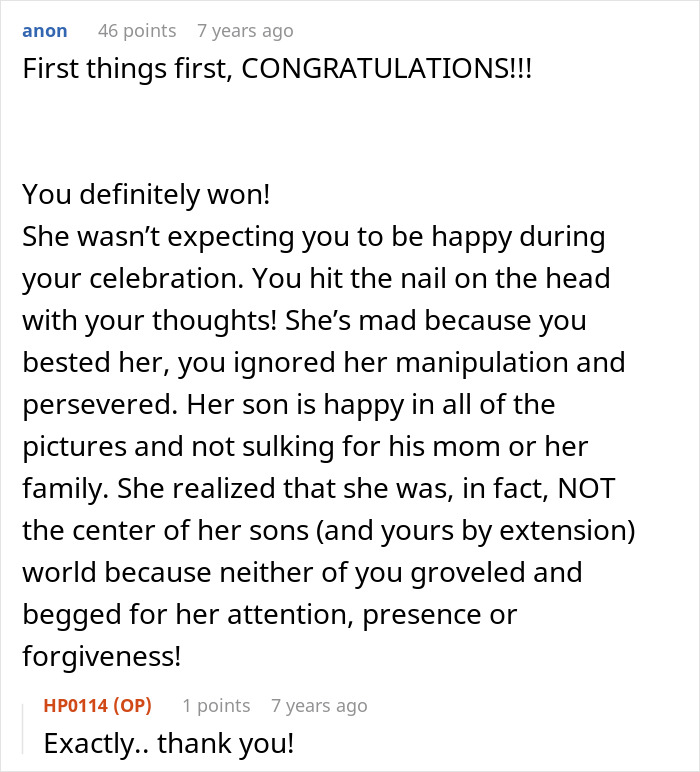 A screenshot of a Reddit comment with a user congratulating the bride and validating her decision to send wedding photos to her MIL. A screenshot of a Reddit comment with a user congratulating the bride and validating her decision to send wedding photos to her MIL.