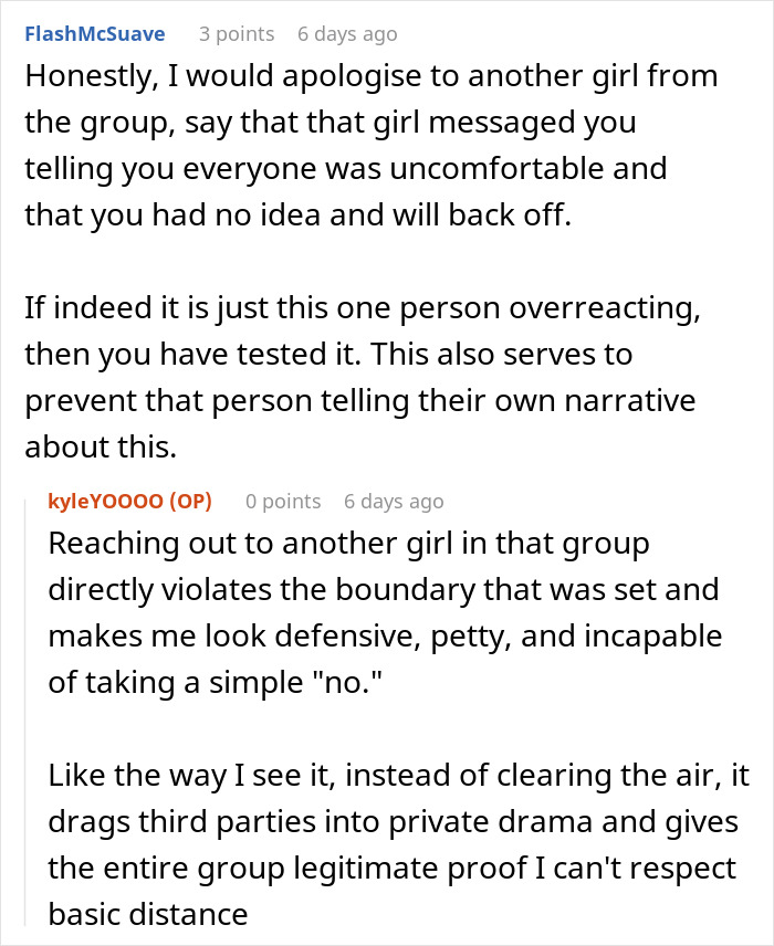 A Reddit comment debating whether apologizing to another female classmate for the perceived intrusion is a good idea. A Reddit comment debating whether apologizing to another female classmate for the perceived intrusion is a good idea.