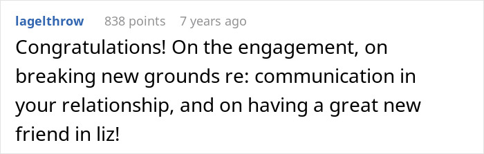 A comment congratulating the BF and GF on their engagement, communication, and new female friend.